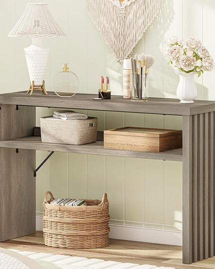 BON AUGURE Sofa Console Table, Wood Entryway Table, Grey Behind Couch Tables with Open Storage, Modern Narrow Hallway Tables (Greige Oak, 47 Inches)