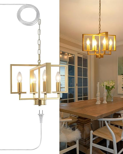 MEIJIA Hanging Lights with Plug in Cord, 4 Light Geometric Gold Plug in Chandelier with Cord 15FT & Switch, Plug in Hanging Light for Dining Room Living Room Kitchen Bedroom Gazebo