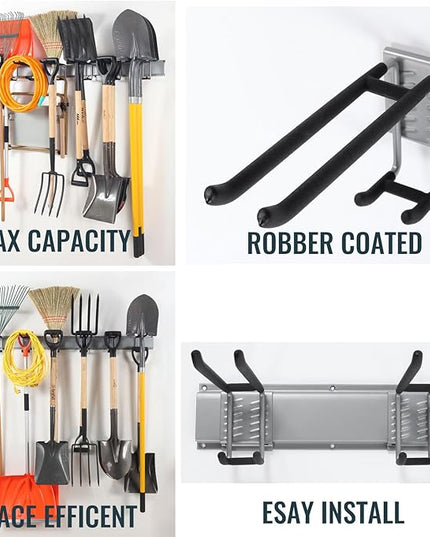 Wall Mount Tool Storage Rack, Garage Organization, Heavy Duty Garage Storage Tool Organizer, Garden Tool Wall Hooks and Hangers, Hold Up to 350lbs Grey