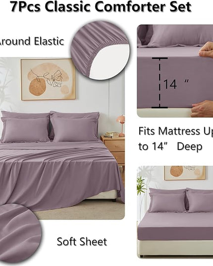 CozyLux Queen Comforter Set Dusty Purple - Bed in a Bag Queen Size 7 Pieces, Soft Bed Set for All Seasons, Bedding Set with Down Alternative Comforter, Sheets, Pillowcases & Shams, Grayish Purple