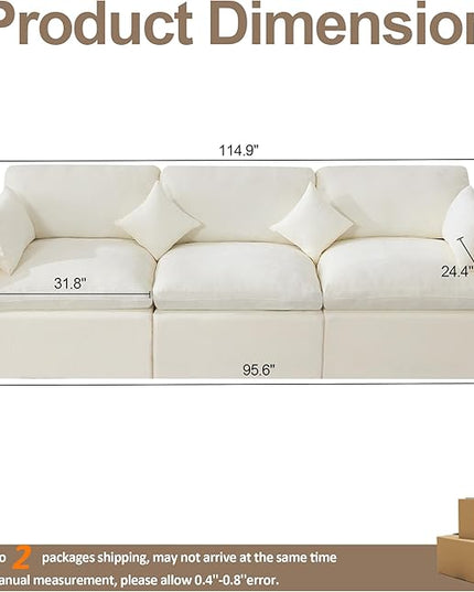 115''Cloud Boneless Sectional Couch, Modular Sectional Sofa Deep Seat, Oversized Upholstered Convertible Comfy 3 Seater Chenille Memory Foam Sofa Couches for Living Room, Beige