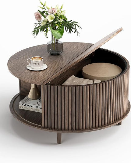 Round Coffee Table with Storage, 31.5" Mid Century Modern Coffee Table with Sliding Door & Solid Wood Legs, Minimalist Fluted Center Table for Living Room, Home Small Space, Walnut