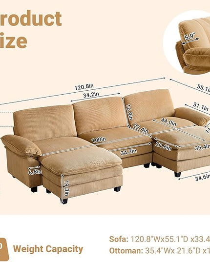 VINGLI 156" Cloud Corduroy Sectional Sofa, Comfy L-Shaped Extra Deep Seat Sofa Couch for Living Room,Modern 4-Seat Convertible Loveseat Sofa with Three Ottomans for Small Space(Khaki)