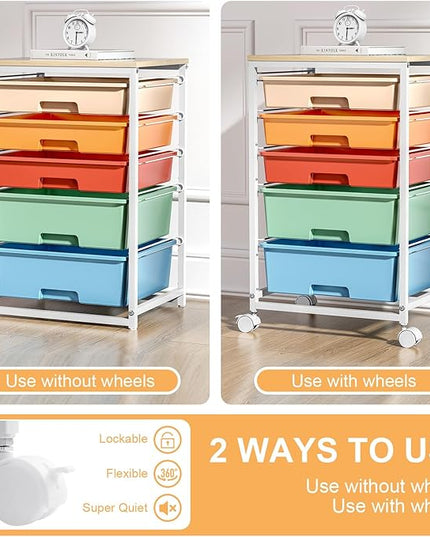 Craft cart,Rolling Cart with Drawers,Storage Cart with 5 Drawers and Wooden Tabletop for Under Desk Organizers and Storage,Macaron