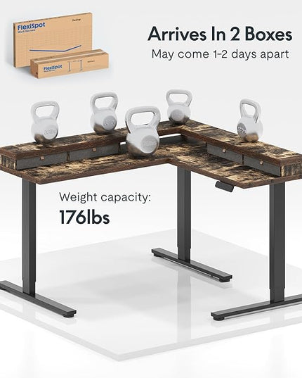 FLEXISPOT 71'' L Shaped Standing Desk Electric Corner Table with Shelf, 4 Storage Drawers, Adjustable Computer Workstation for Home, Office, Game, Studio, Rustic Brown Top + Black Frame