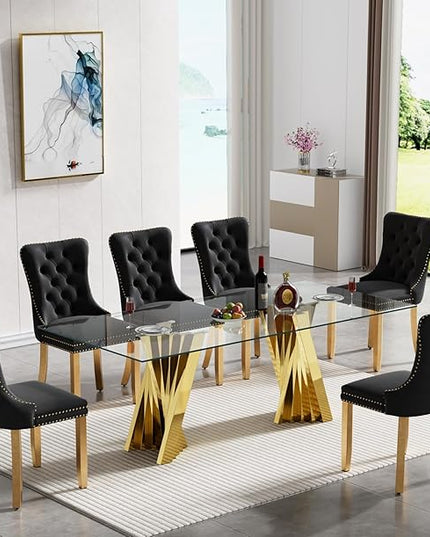70'' Tempered Glass Top Dining Table With Mirrored Gold Stainless Steel Base for 4-8 People, Modern Rectangular Design for Dining Room and Living Room