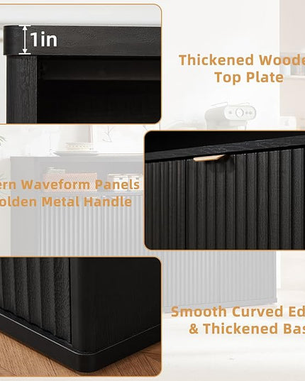 LEYAOYAO Fluted Buffet Cabinet with Storage, 45" Wide Wood Sideboard Credenza with 3 Doors & Open Storage Shelf, Modern Kitchen Console Accent Cabinets, Coffee Bar Table for Dining Room, Black Oak