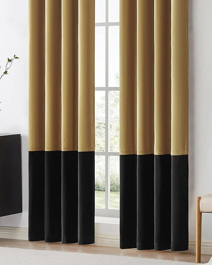 BULBUL Color Block Window Curtains Panels 96 inches Long Gold Black Velvet Farmhouse Drapes for Bedroom Living Room Darkening Treatment with Grommet Set of 2