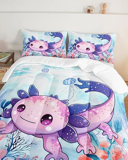 Cute Axolotl Bedding Set King Size,Color Axolotl Waterweed Jellyfish Pattern Toddler Bed Comforter Set,Kawaii Ocean Life Bedding Sets for Kids Boys Girls Room Decor with 2 Pillowcases.