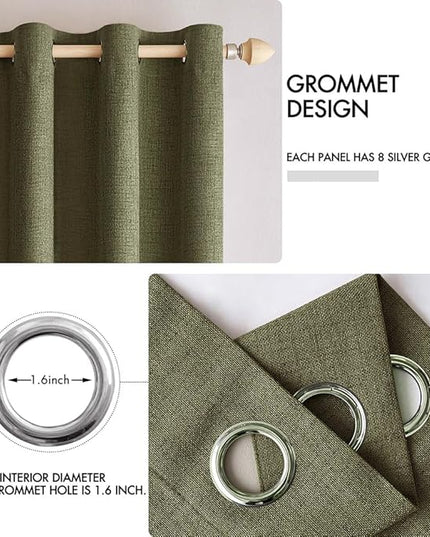 MIULEE Linen Texture Curtains for Bedroom Solid 100% Blackout Thermal Insulated Light Olive Green Curtains Grommet Room Darkening Drapes for Living Room Nursery 52x90 Inch (2 Panels)