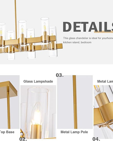 Gold Linear Chandeliers for Dining Room, 54" Rectangle Chandelier with Glass, 16-Light Modern Chandeliers Over Table, Farmhouse Chandelier for Kitchen Island, Industrial Pendant Light Fixtures