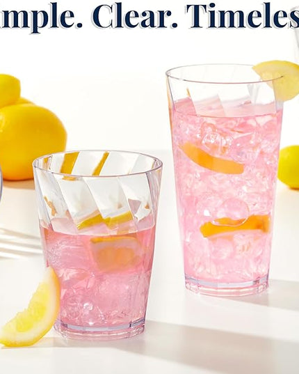 US Acrylic Optix Plastic Reusable Drinking Glasses (Set of 16) 14oz Rocks & 20oz Water Cups in Clear | BPA-Free Tumblers, Made in USA | Top-Rack Dishwasher Safe