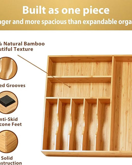 Umilife Large Kitchen Drawer Organizer, 19"x20" Silverware Utensils Organizer, 2.5" High for Large Deep Drawers, Bamboo Flatware Holder with Thick Frames, Sturdy Kitchen Organization Tray