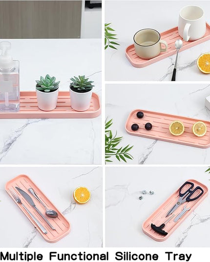Silicone Kitchen Sink Organizer Tray for Multiple Usage,Easy Clean,Eco-Friendly Sponges Holder for Kitchen Bathroom Counter or Sink,Dish Soap Dispenser,Scrubber,Bottle,Cup Pink 12" x 4”