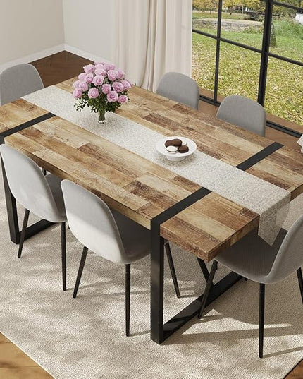 FURNITO Wood Dining Table Set for 6, 71" Large Rectangular Kitchen & Dining Room Table with 6 Fabric Linen Chairs, Modern Farmhouse Dining Set for Home, Living Room, Office, or Conference Room