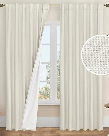 LAMIT 100% Blackout Curtains for Bedroom, 90 Inch Linen Textured Thermal Insulated Living Room Curtains Back Tab and Rod Pocket Farmhouse Neutral Panels with White Liner, 2 Panels, 52 x 90 Inch, Ivory