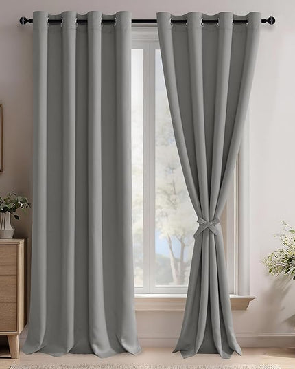 JIUZHEN Light Grey Blackout Curtains with Tiebacks Thermal Insulated, Light Blocking and Noise Reducing Grommet Curtains for Bedroom and Living Room, Set of 2 Window Curtain Panel, 52 x 96 Inch Length