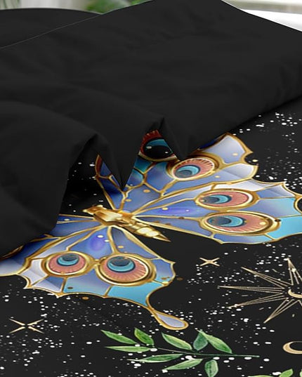 Comforter Set Queen Size, Gothic Butterfly Moon 7 Pcs Bedding for Kids and Adults, Botanical Plant Leaf Bed Sheet Sets with Fitted Sheet 2 Pillowcases & 2 Shams for Bedroom Bed Decor