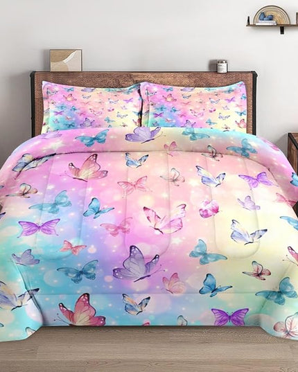 Comforter Set Queen Size, Pink Blue Butterfly Soft 3 Pcs Bedding for Kids and Adults Purple Colorful Rainbow Comforter Set with 2 Pillowcases for Bedroom Bed Decor