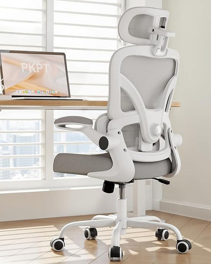Ergonomic Office Chair with Adjustable Lumbar Support & Headrest, 330 LBS High Back Mesh Chair with Flip-up Armrests for Long Hours, Home Office Desk Chair, White and Gray