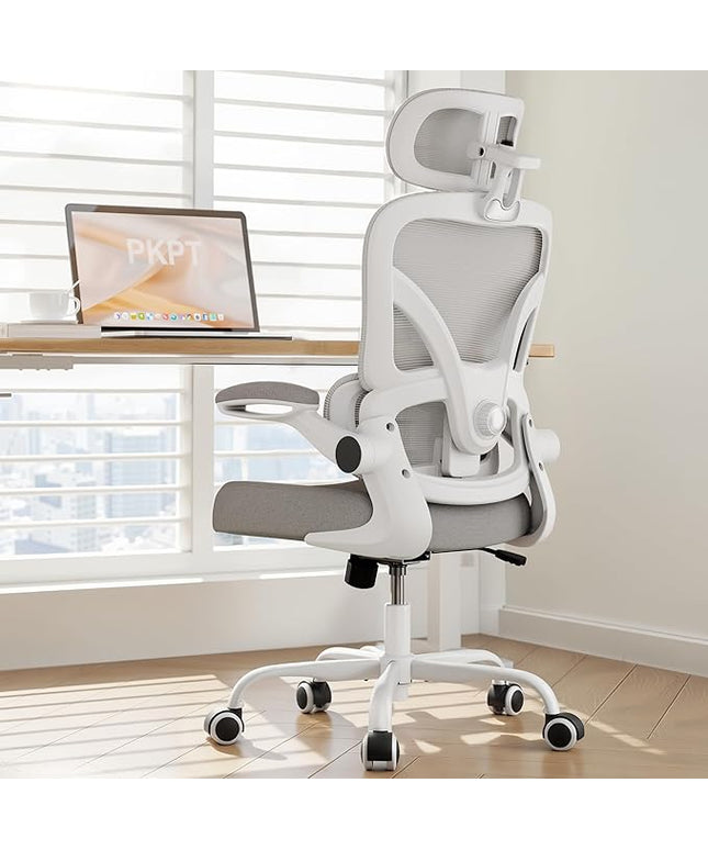 Ergonomic Office Chair with Adjustable Lumbar Support & Headrest, 330 LBS High Back Mesh Chair with Flip-up Armrests for Long Hours, Home Office Desk Chair, White and Gray