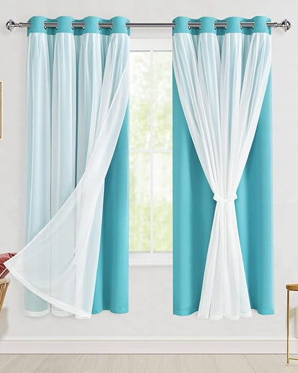 Hiasan Blackout Curtains with Sheer Overlay, Thermal Insulated Privacy Mix & Match Double Layer Window Curtains for Girls Bedroom, Living Room, 2 Drape Panels with Tiebacks, Turquoise, 52W X 63L