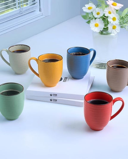 Coffee Mugs Set Of 6, 14 Oz Large Handle Heavy Duty Cups - Microwave Dishwasher Safe - Latte, Cappuccino, Tea, Cocoa, Mocha - Men, Women, Home Office Daily Use, Matt Assorted Colors