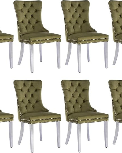 SoarFlash Velvet Dining Chairs Set of 8, Tall Back Side Chair, Modern Upholstered Side Chair with Button Back Ring, Silver Plated Stainless Steel Legs (Olive Green)