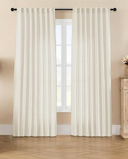 Joydeco Linen Curtains 2 Panel Set,Light Filtering, Ivory on Linen Curtains 90 Inch Curtains for Living Room, Cream Drapes 90 Inches Long Rod Pocket Back Tab Curtains (90" L x 100" W)