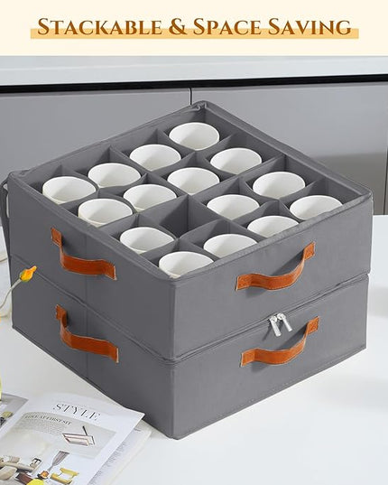 2 Pack Coffee Mug Storage Box with Dividers, Stackable China Storage Containers with Lid, Zipper, and Handles for 32 Mugs and Cups, Mug Storage Organizer for Packing & Moving, Gray