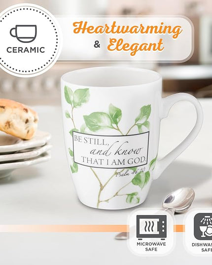 Christian Art Gifts Encouraging Scripture Ceramic Coffee & Tea Mug for Women: Be Still & Know Bible Verse Psalm, Inspirational Microwave/Dishwasher Safe Drinkware, White & Green Leaf Branches, 12 oz.