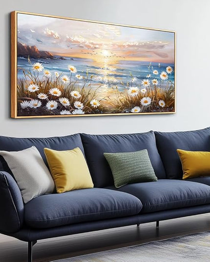 PHAOHUAXM Large Wall Decor For Living Room Canvas Wall Art For Office Bedroom AestheticBlue Ocean Landscape Painting Artwork Pictures Beach Posters Ready To Hang Home Decoration 30"x60" Wood Framed