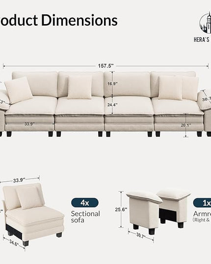 HERA'S HOUSE 158" Modular Sectional Sofa, Oversized Couches for Living Room, Comfy Cloud Couch 4-Seater Deep Seat Sofa with Throw Pillow, Chenille Beige
