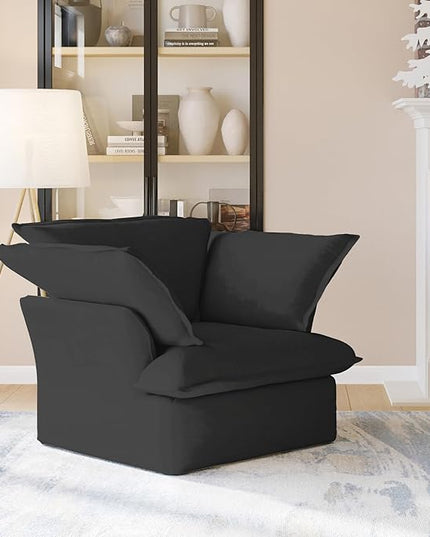 JACH Modern Comfy Couch Chair with Thick Cushion, Couch Single Accent Chair Deep Seat Sofa Couches, Hemp Velvet Sofas Furniture for Small Spaces Living Room Bedroom Office Apartment (Black)
