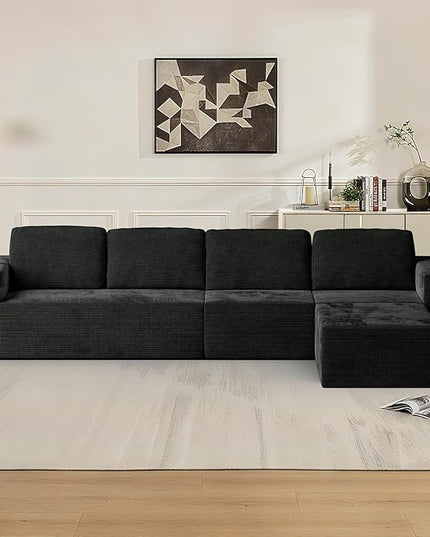 136" Cloud Sectional Couch, Left/Right Facing Convertible Sofa with Deep Seat, L-Shape Modular Upholstered Foam Couch for Living Room Bedroom, No Assembly Required (Corduroy Fabric, Black)
