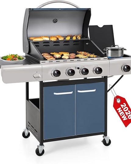 GREEN PARTY 4 Burner BBQ Propane Gas Grill with Side Burner & Porcelain-Enameled Cast Iron Grates, 545 SQIN Grilling Area 42,000 BTUs Barbecue Grill for Outdoor Cooking Garden Patio Backyard, Blue