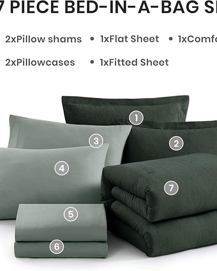 Monbix Oversized Queen Comforter Set - 7 Pieces Cationic Dyeing Deep Forest Bed in a Bag Bedding Sets with Comforter, Sheets, Pillowcases & Shams, Reversible Bedding Comforters Sets