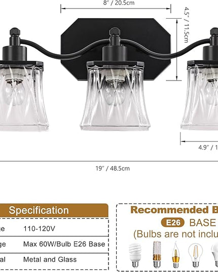 Bathroom Vanity Light Fixtures, 3-Light Vintage Matte Black Vanity Lights with Crystal Glass Shades, Farmhouse Bathroom Lighting Fixtures Over Mirror for Bathroom Bedroom Hallway