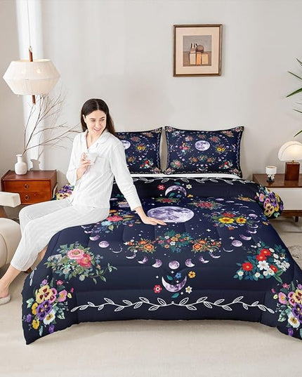 Sun and Moon Kids Comforter Set Full Size,Starry Sky Galaxy Trippy Bedding Set,Boys Girls Adults Room Decor,Flowers Boho Exotic Retro Down Comforter,Colorful Mystical Duvet Insert,2 Pillowcases