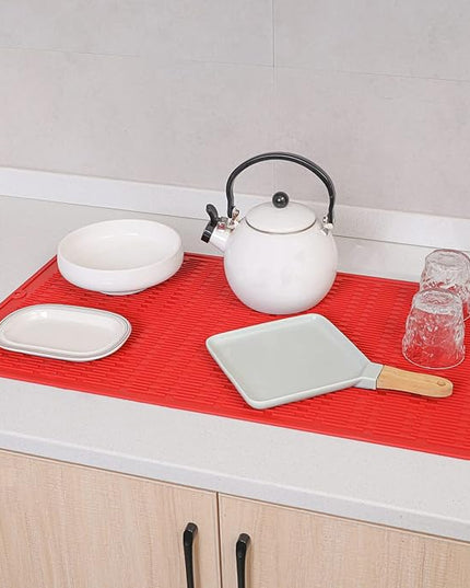 Silicone Dish Drying Mat for Multiple Usage,Easy clean,Eco-friendly,Heat-resistant Silicone Mat for Kitchen Counter or Sink,Refrigerator or Drawer Liner Red 4XL 32 inches x 18 inches