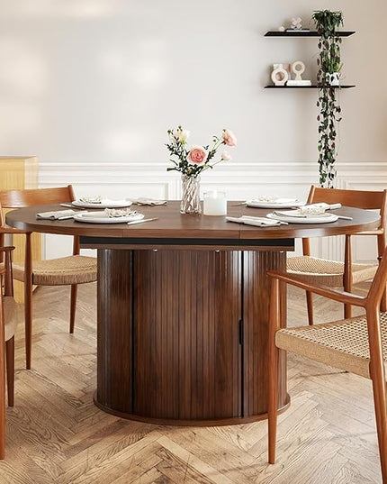 Oval Extendable Dining Table with Storage,59" Storage Kitchen Table for 4-8 People with Curved Sliding Door Fluted Wood Coffee Table Thickened Tabletop for Dining Room/Kitchen,Brown