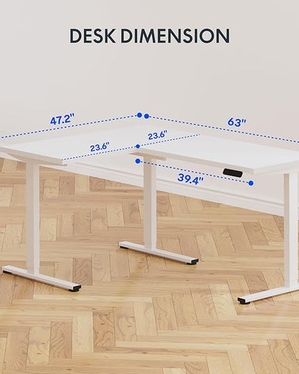 FLEXISPOT L Shaped Standing Desk, 63 x 47 Inch Electric Height Adjustable Corner Desk, Sit Stand Computer Workstation, Preset Controller, Home Office, White Frame with White Top, White Drawer