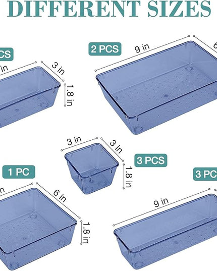 13 PCS Drawer Organizer Set, 5 Varied Size Bathroom and kitchen Drawer cabinet organizer Trays, Clear Storage Bins for Makeup, Jewelry, Utensils and Gadgets, Dark Blue