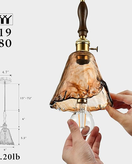 Modern Amber Glass Pendant Light, 6"x11.5" Floral Bell-Shaped Hanging Light with Wood Handle & Brass Cap, 15"-72" Adjustable Line, E26 Socket – Golden Amber Morning Glory