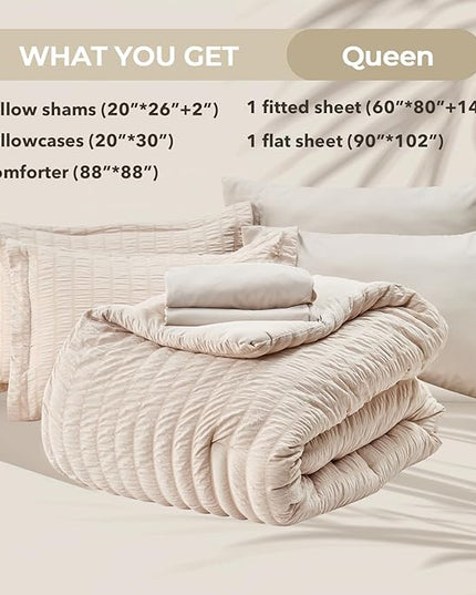 HYMOKEGE Beige Queen Comforter Set Seersucker 7 Pieces, All Season Luxury Bed in a Bag for Bedroom, Bedding Set with Comforters, Sheets, Pillowcases & Shams