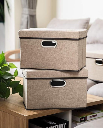 PRANDOM Collapsible Storage Cubes with Lids [1-Pack] Jute Fabric Foldable Storage Boxes Organizer Containers Baskets Bins with Cover for Home Bedroom Closet Office Nursery (14.9x9.8x9.8)