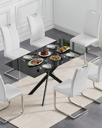 7 Piece Glass Dining Table Set, Glass Kitchen Dining Room Table Set for 6, Modern 51" Rectangular Black Glass Metal Dining Table with 6 White Leather Dining Chairs for Kitchen Dining Room