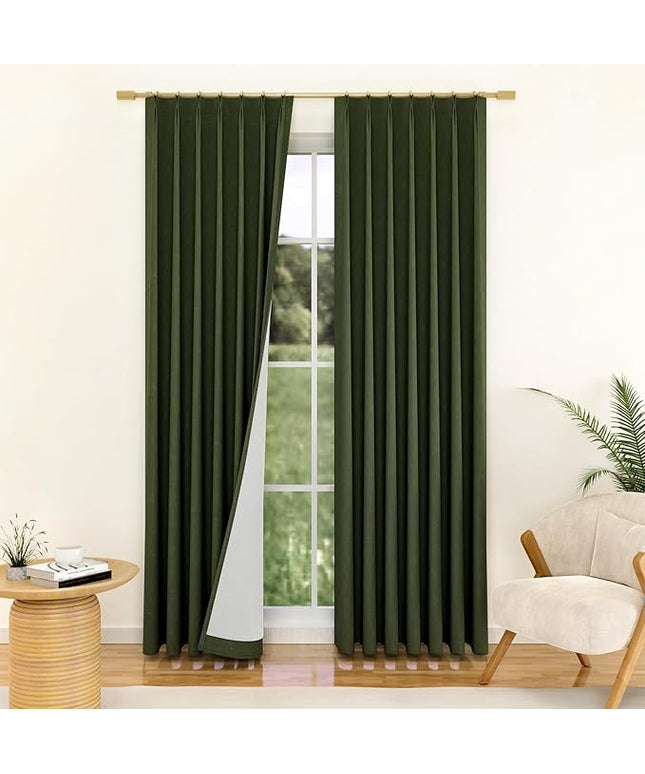YZ HOME Olive Green Pinch Pleated 100% Blackout Curtains 95 Inches Long Linen Room Darkening Window Curtains for Living Dining Room Bedroom Thermal Insulated Pinch Pleat Double Layer Drapes with Hooks