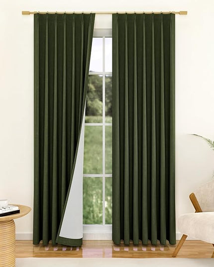 YZ HOME 90 Inch Pinch Pleated Linen Full Blackout Curtains 2 Pages for Living Room Olive Green Thick 100% Room Darkening Curtains Pinch Pleat Double Layer Drapes Drapes for Dining Bedroom