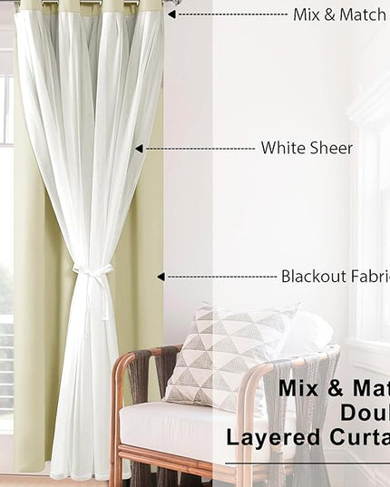 Hiasan Blackout Curtains with Sheer Overlay, Thermal Insulated Privacy Mix and Match Double Layer Window Curtains for Bedroom, Living Room, 2 Drape Panels Sewn with Tiebacks, Light Beige, 52W X 63L